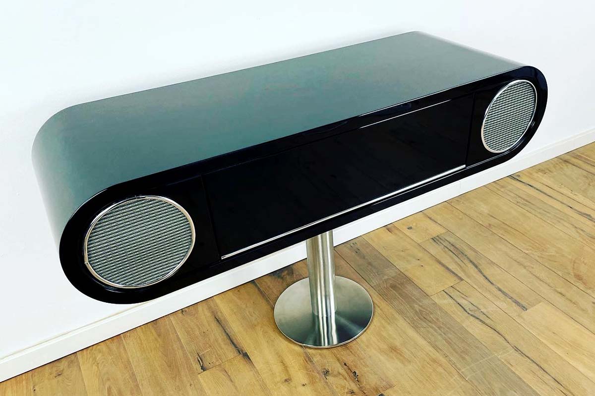 70er Jahre HiFi Möbel in schwarzem Klavierlack und poliertem Edelstahl