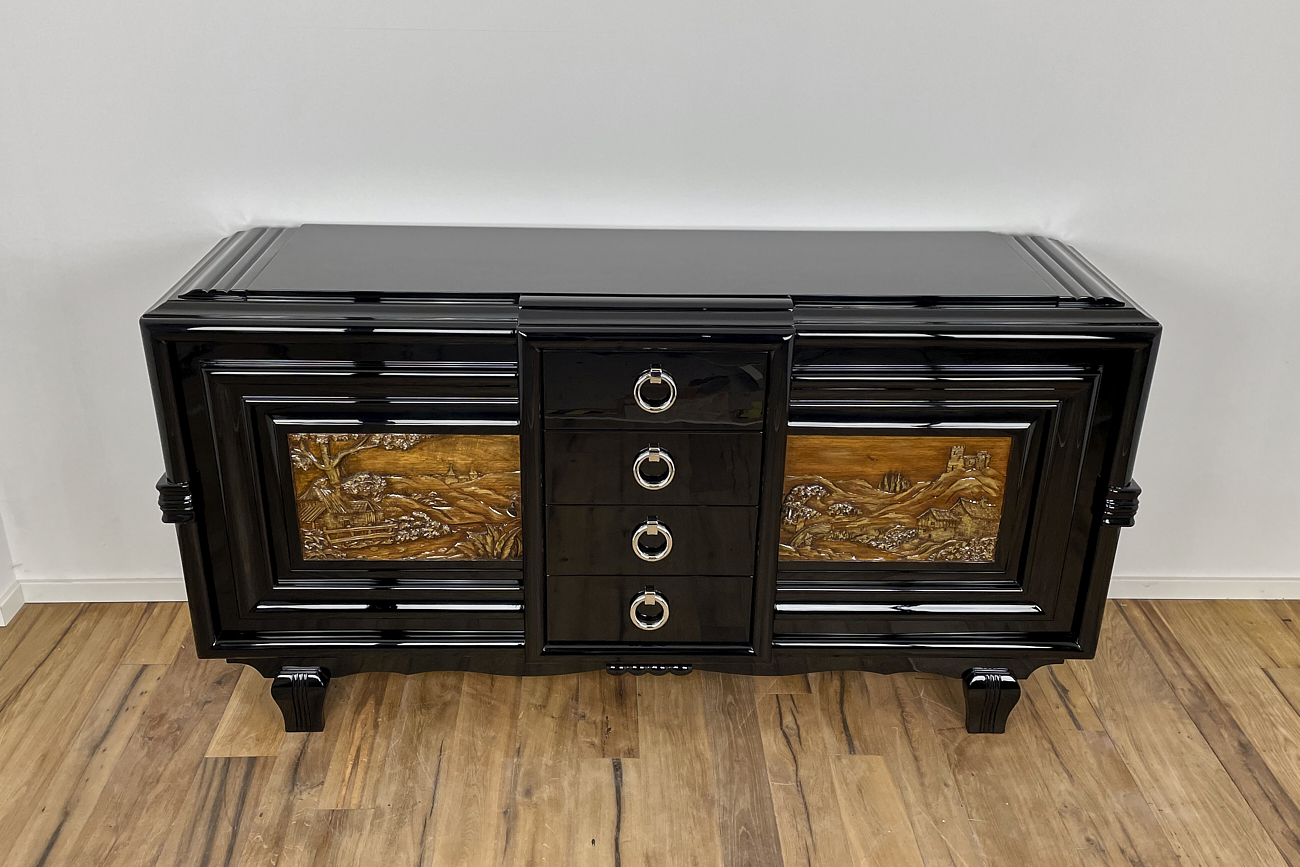 Art Deco Sideboard um 1930 mit zwei geschnitzten Gemälden