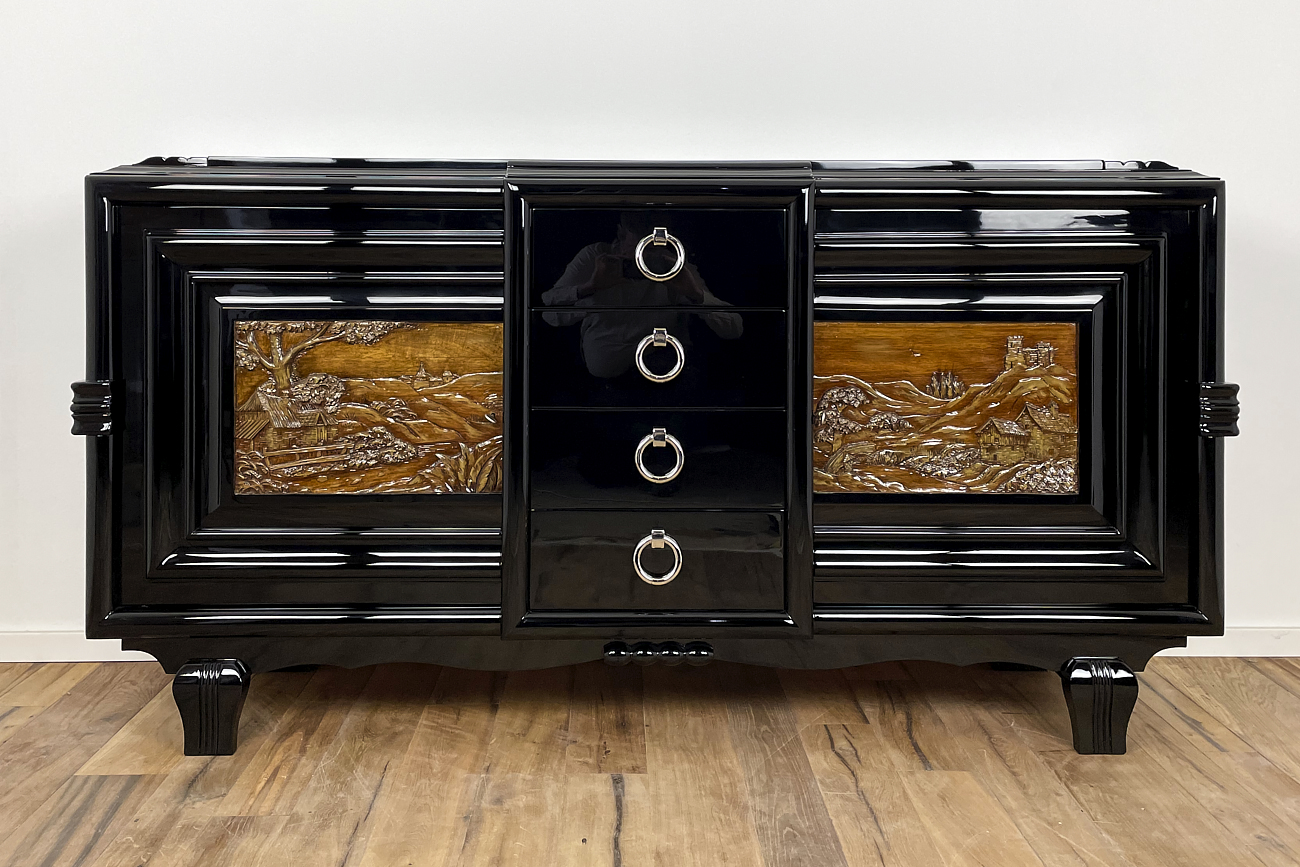 Art Deco Sideboard um 1930 mit zwei geschnitzten Gemälden