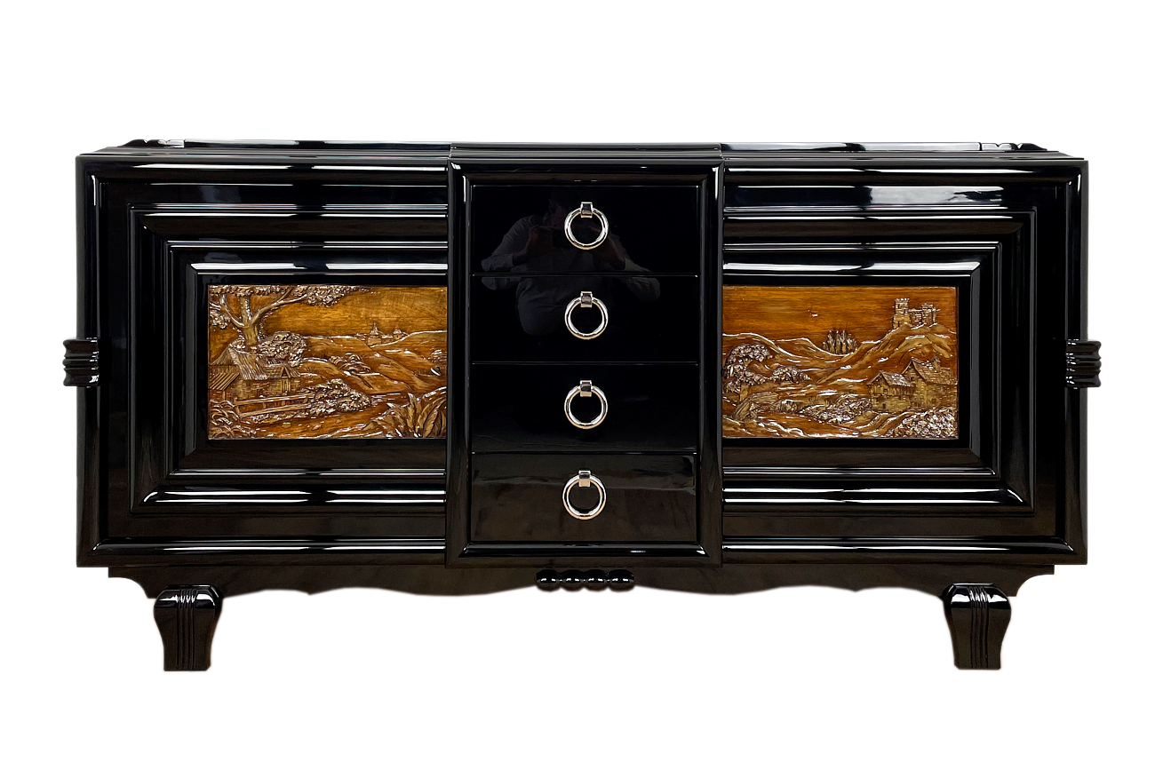 Art Deco Sideboard um 1930 mit zwei geschnitzten Gemälden