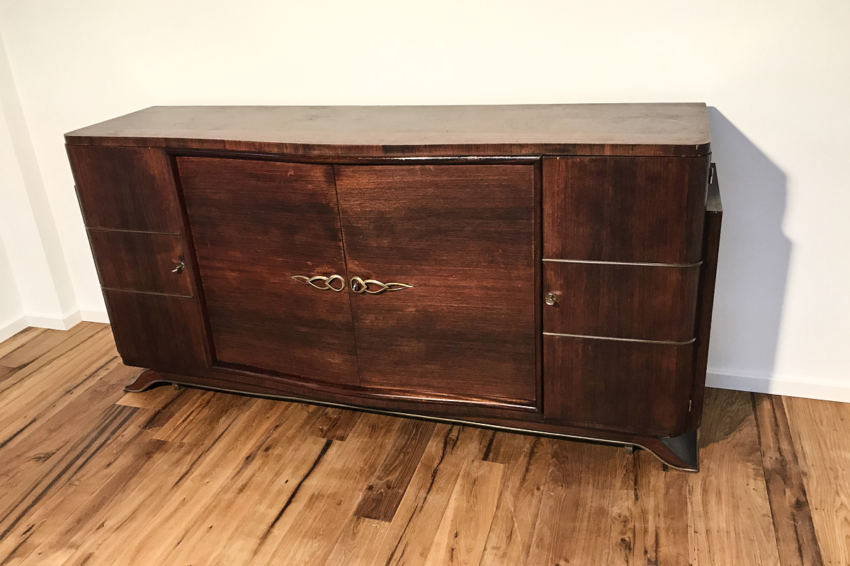 Art Deco Sideboard mit edlem Palisanderfurnier und Messingleisten um 1925 aus Paris