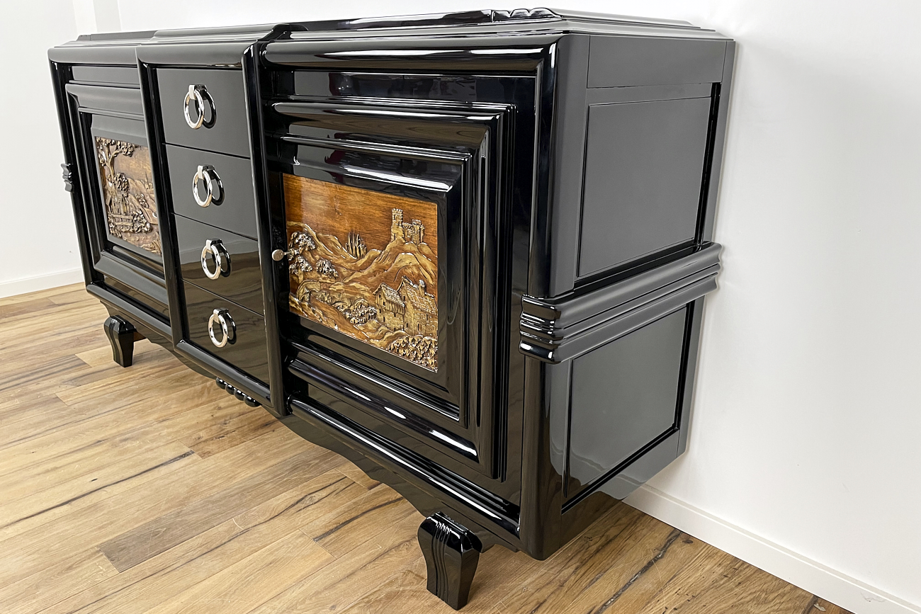 Art Deco Sideboard um 1930 mit zwei geschnitzten Gemälden