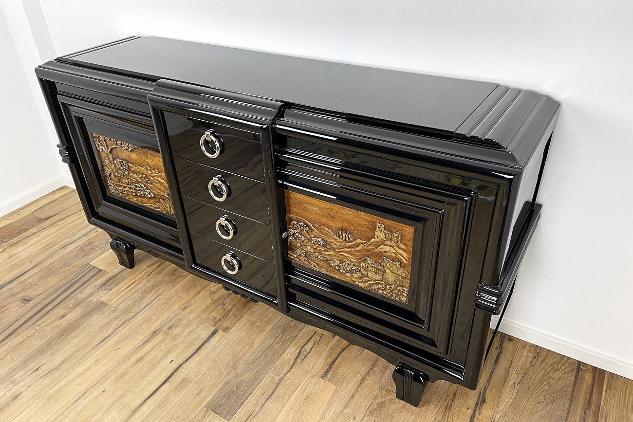 Art Deco Sideboard um 1930 mit zwei geschnitzten Gemälden