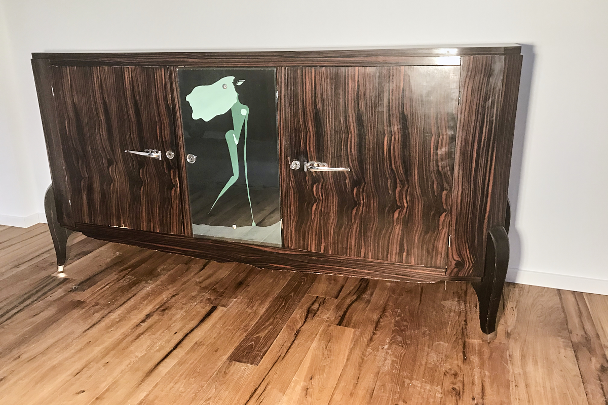 Art Deco Sideboard Makassar um 1925 aus Frankreich mit bemalten Spiegel 