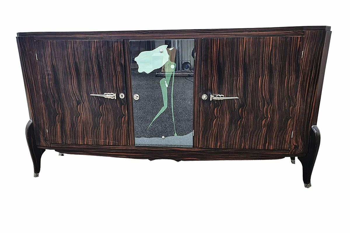 Art Deco Sideboard Makassar um 1925 aus Frankreich mit bemalten Spiegel 