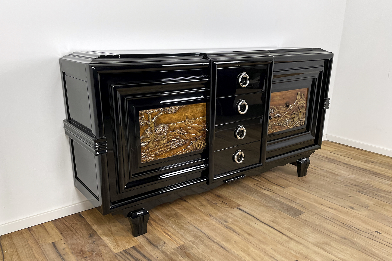 Art Deco Sideboard um 1930 mit zwei geschnitzten Gemälden