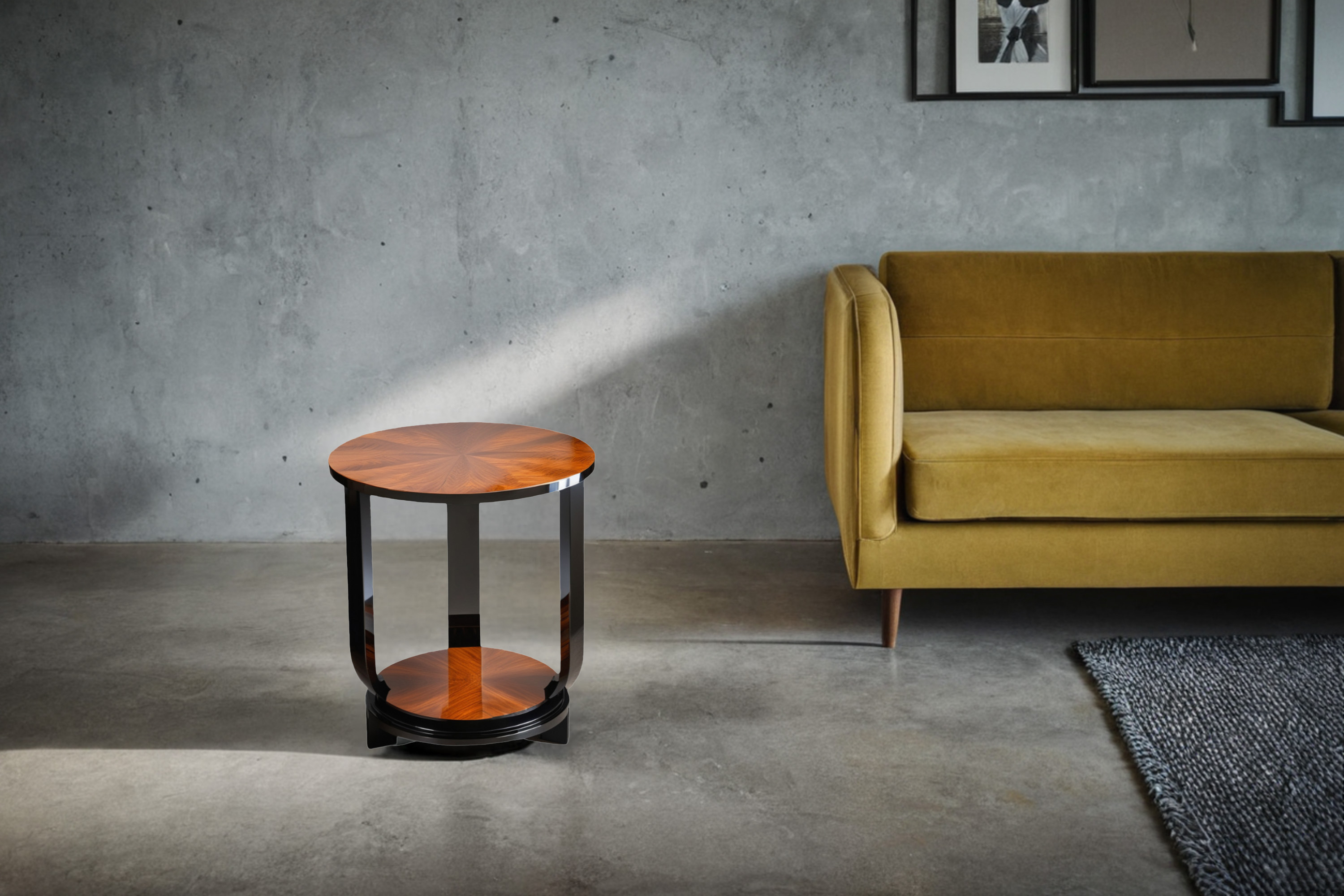 Art Deco Beistelltisch mit Makassarfurnier und schwarzem Pianolack
