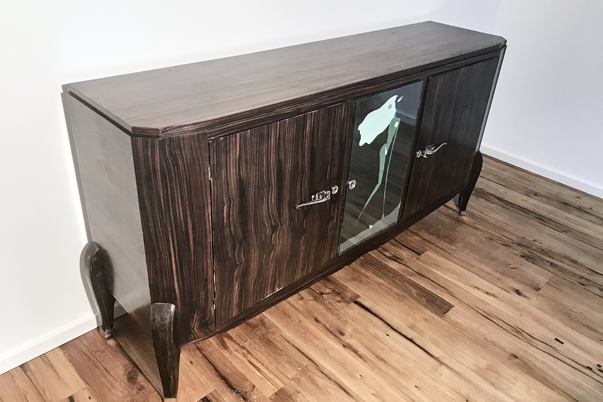 Art Deco Sideboard Makassar um 1925 aus Frankreich mit bemalten Spiegel 